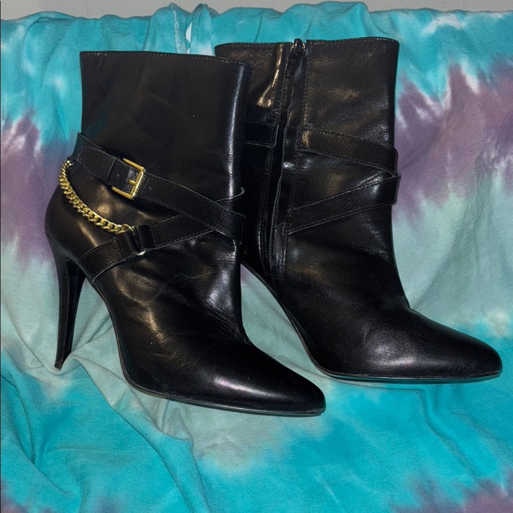 EUC Lauren Ralph Lauren Black Heeled Boots with Gold BuckLE